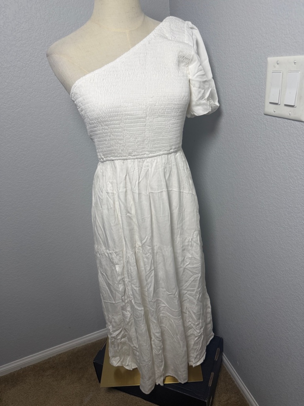 NWT-Boho One Shoulder Midi Dresses Smocked Split Ruffle - Picture 4 of 7